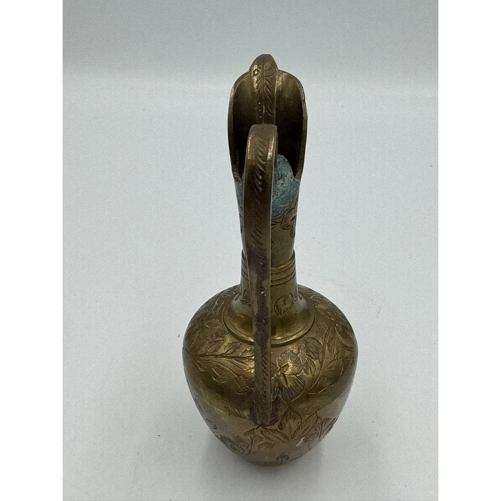 Vintage Solid Brass Miniature Pitcher Ewer Etched Floral Leaf Design Handle